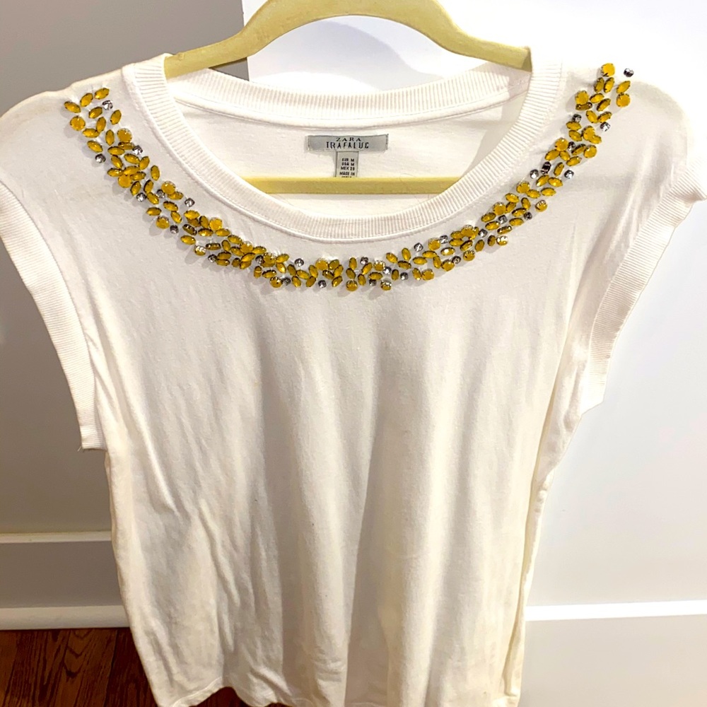 Zara beaded yellow white tshirt